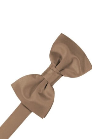 Brown fabric bow tie with a short adjustable strap, shown against a white background, laid diagonally to the left.