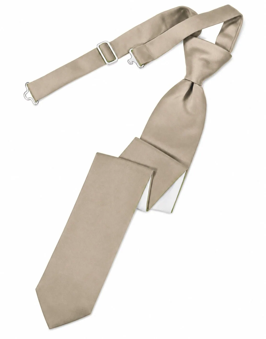 Beige necktie laid out with accompanying adjustable strap and metal buckles on a white background, shown flat.
