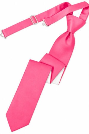 Bright pink satin necktie with an adjustable strap and metal clasps on a white background