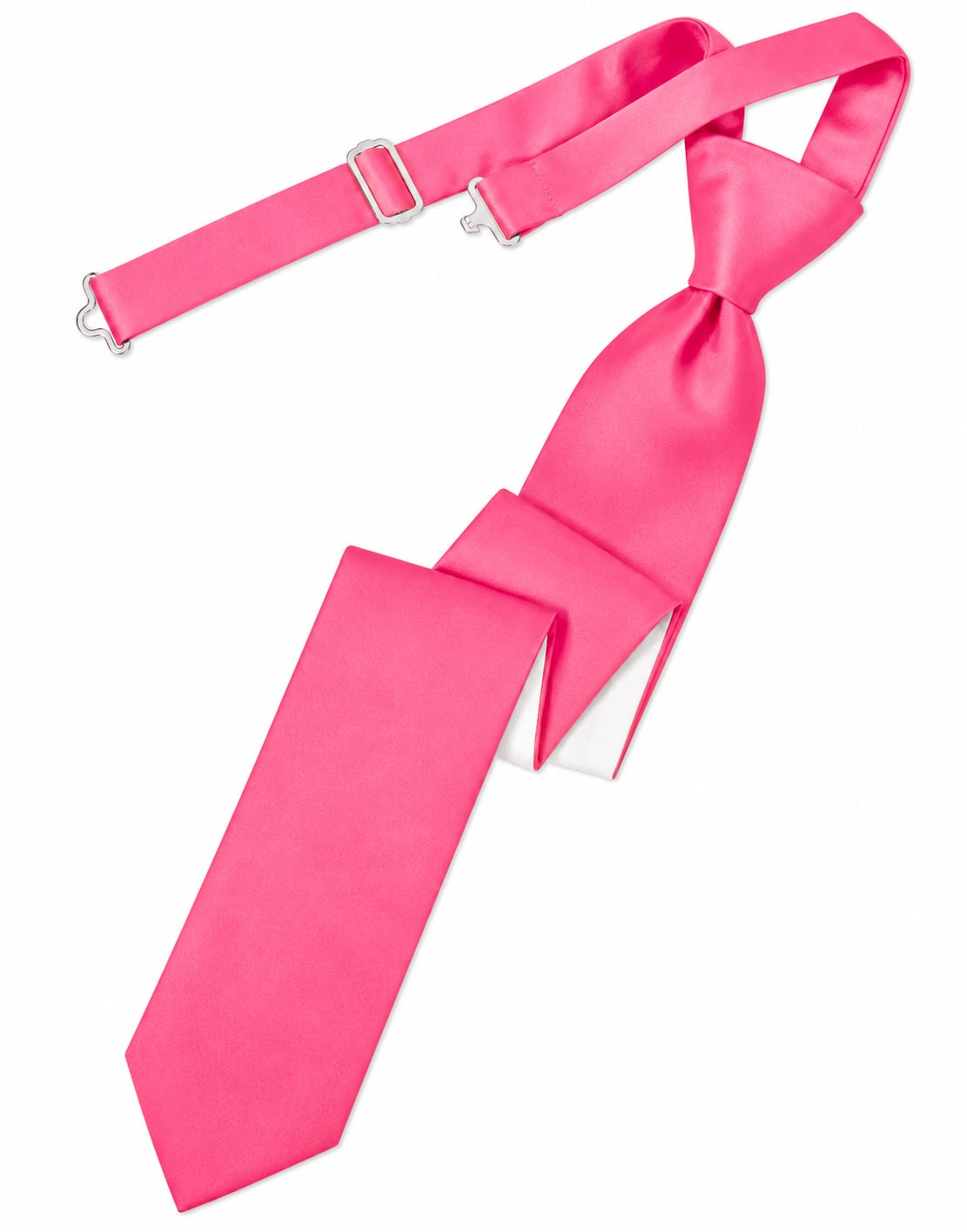 Bright pink satin necktie with an adjustable strap and metal clasps on a white background