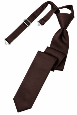 Brown satin necktie with an attached adjustable strap and metal clasps on a white background.