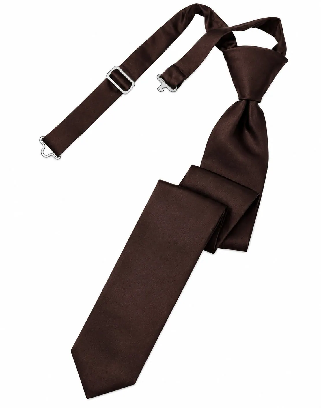 Brown satin necktie with an attached adjustable strap and metal clasps on a white background.
