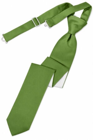 Green satin necktie with an adjustable strap and metal clip hardware on a white background
