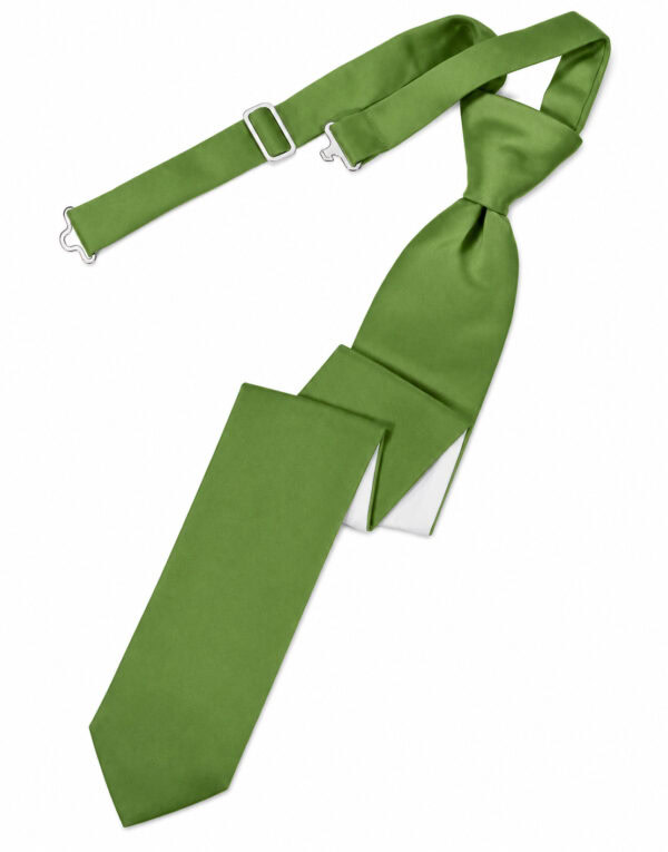Green satin necktie with an adjustable strap and metal clip hardware on a white background