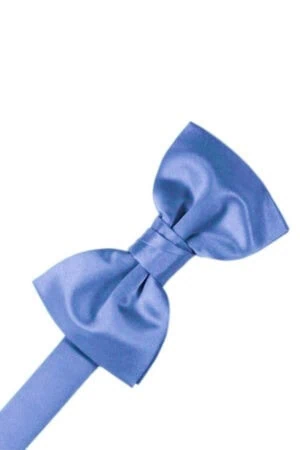 Blue satin bow tied on a matching ribbon, close-up detail with a neat knot.