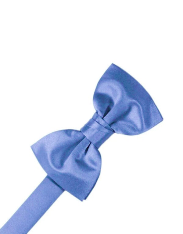 Blue satin bow tied on a matching ribbon, close-up detail with a neat knot.