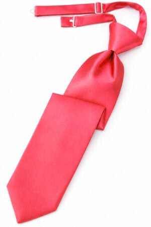 Pink satin necktie tied in a knot with an adjustable strap on a white background