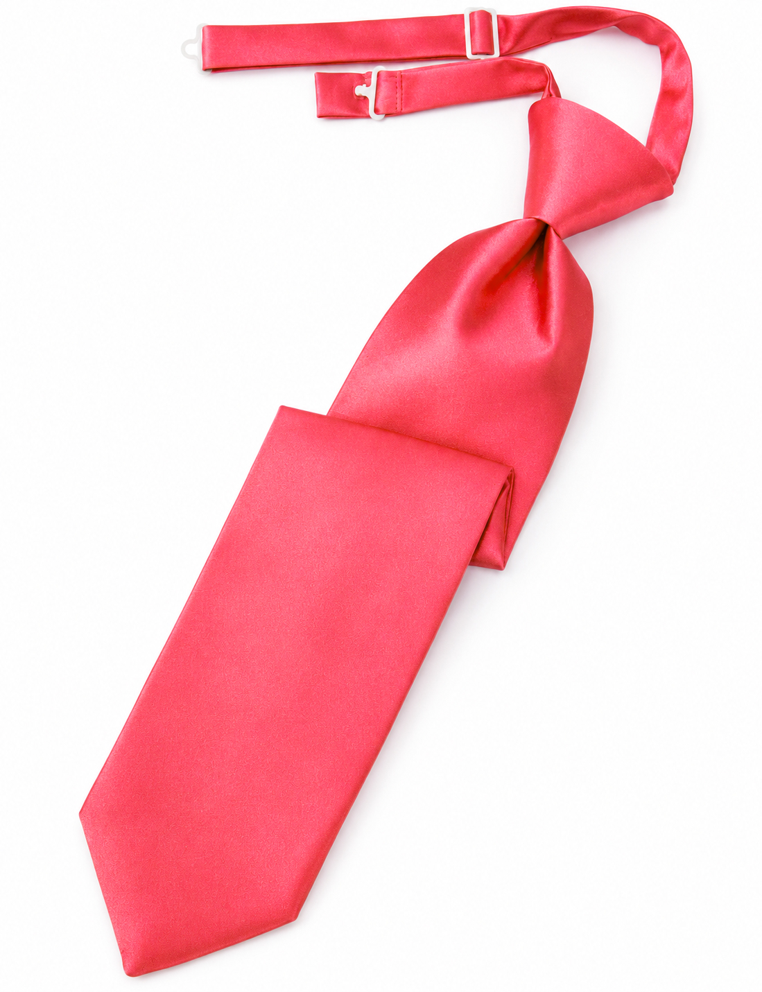 Pink satin necktie tied in a knot with an adjustable strap on a white background