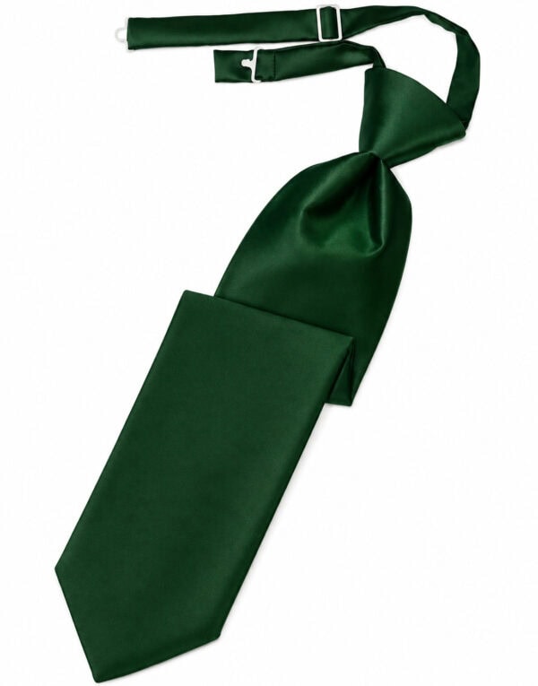 Green satin necktie with a large knot and adjustable strap lying diagonally on a white background