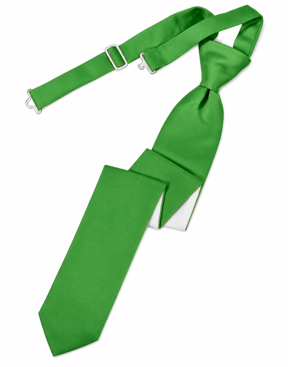 Bright green necktie with a knot and matching green suspenders on a white background.