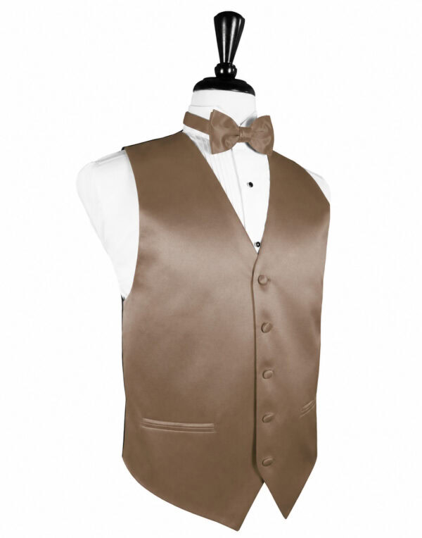 Beige satin waistcoat with matching bow tie on a white dress shirt displayed on a mannequin