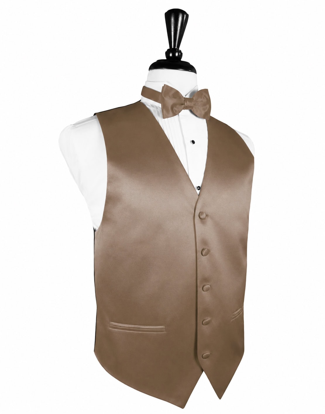 Beige satin waistcoat with matching bow tie on a white dress shirt displayed on a mannequin