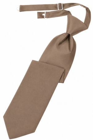 Brown satin necktie with a knot, shown with its adjustable strap on a white background.