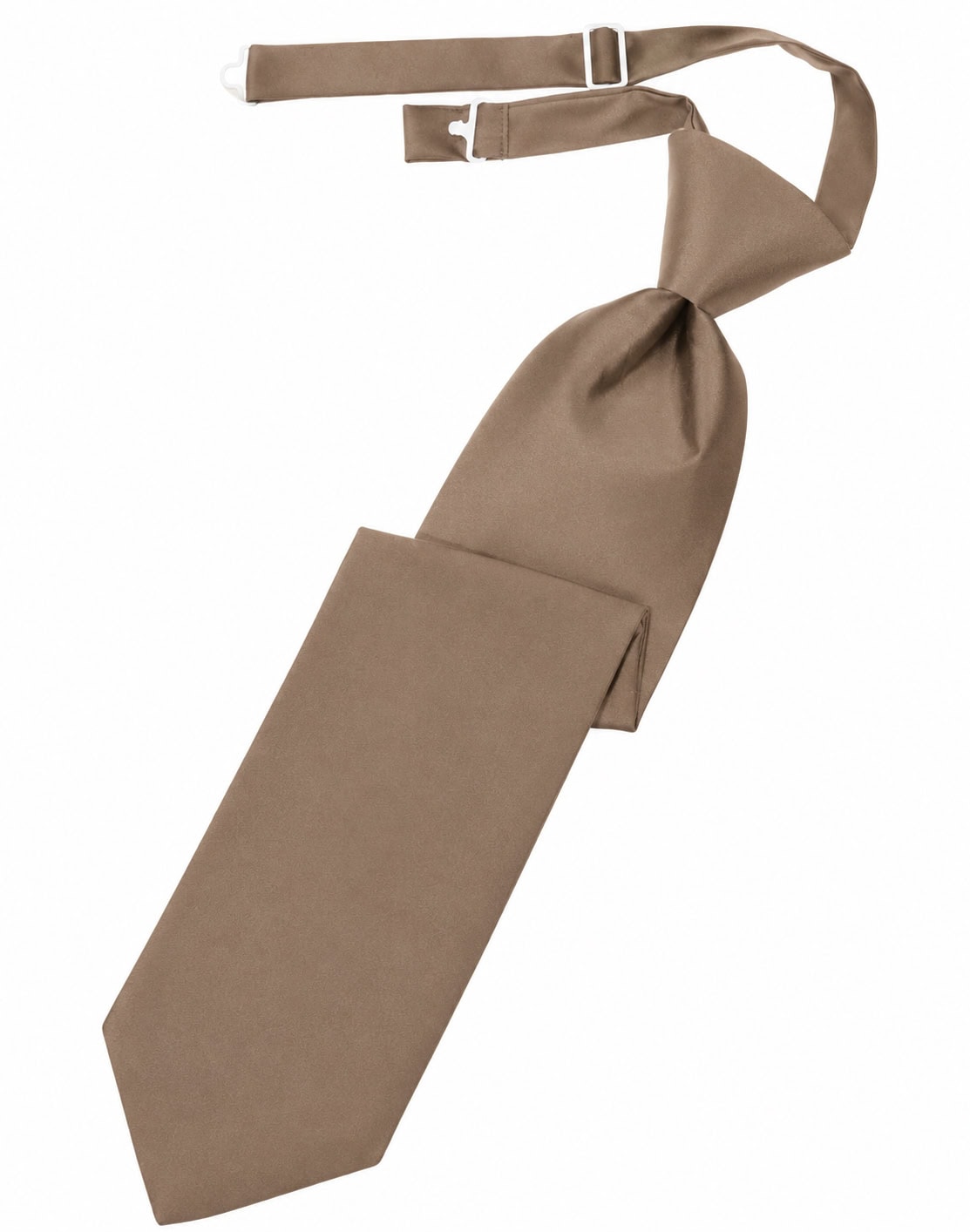 Brown satin necktie with a knot, shown with its adjustable strap on a white background.
