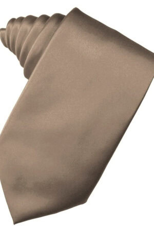 Tan satin necktie laid flat on a white background, showing a smooth, shiny texture and pointed blade.
