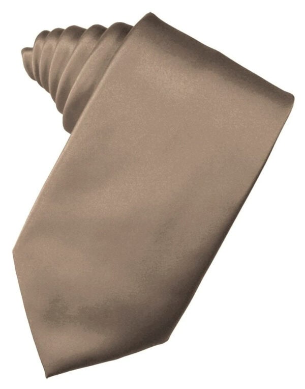 Tan satin necktie laid flat on a white background, showing a smooth, shiny texture and pointed blade.