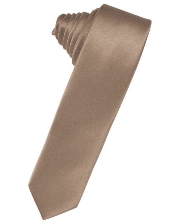 Brown satin necktie laid diagonally across a white background, with a pointed tip visible at the bottom.