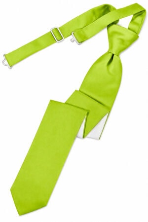 Lime-green necktie with a knot and matching strap and metal clips on a white background