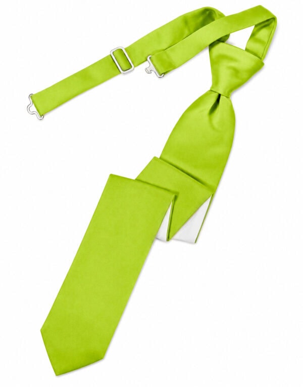 Lime-green necktie with a knot and matching strap and metal clips on a white background