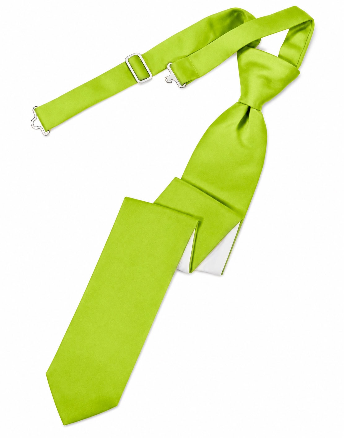 Lime-green necktie with a knot and matching strap and metal clips on a white background