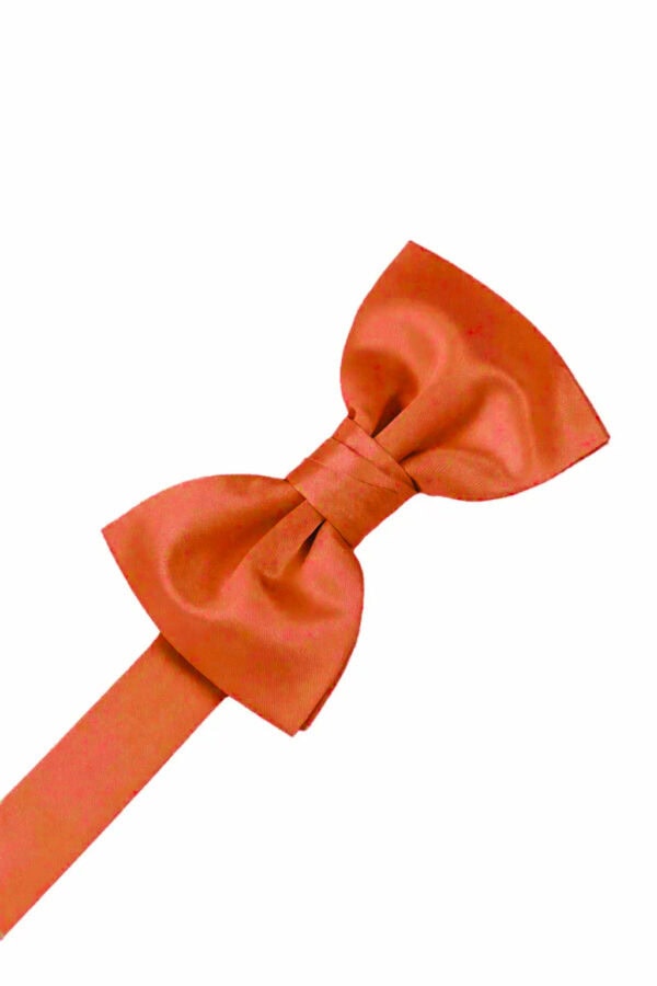 Orange satin bow tied on a ribbon against a white background.