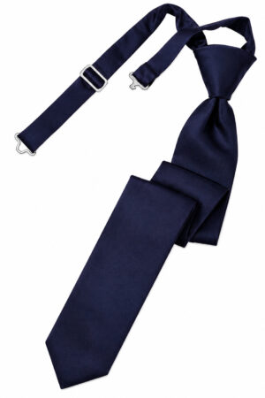 Navy blue necktie with an adjustable strap and metal clips, laid on a white background.