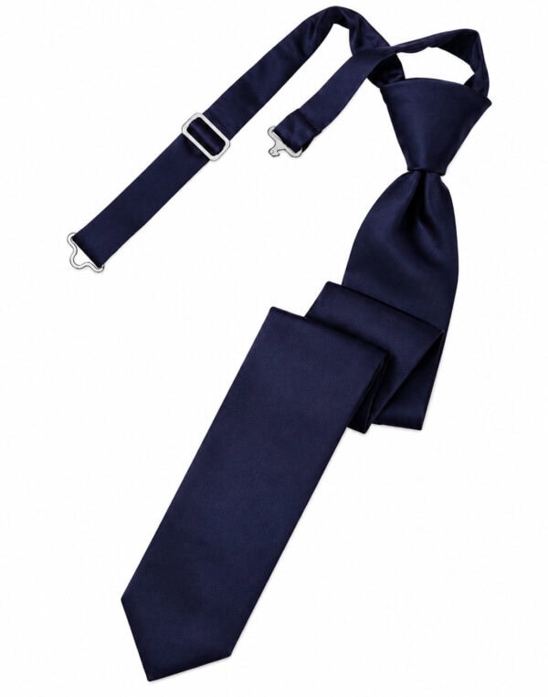 Navy blue necktie with an adjustable strap and metal clips, laid on a white background.