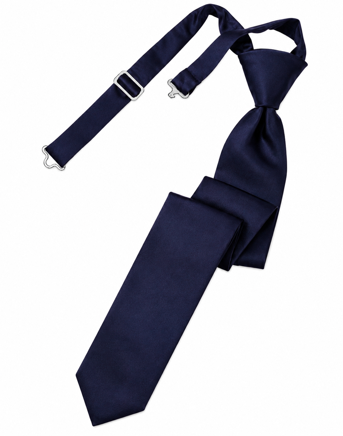 Navy blue necktie with an adjustable strap and metal clips, laid on a white background.