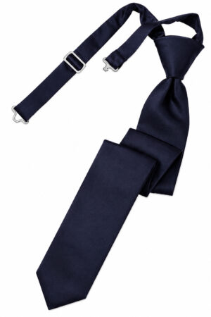 Navy satin necktie with matching suspenders laid diagonally on a white background, showing metal adjusters and clasps