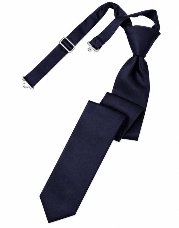 Navy satin necktie with matching suspenders laid diagonally on a white background, showing metal adjusters and clasps