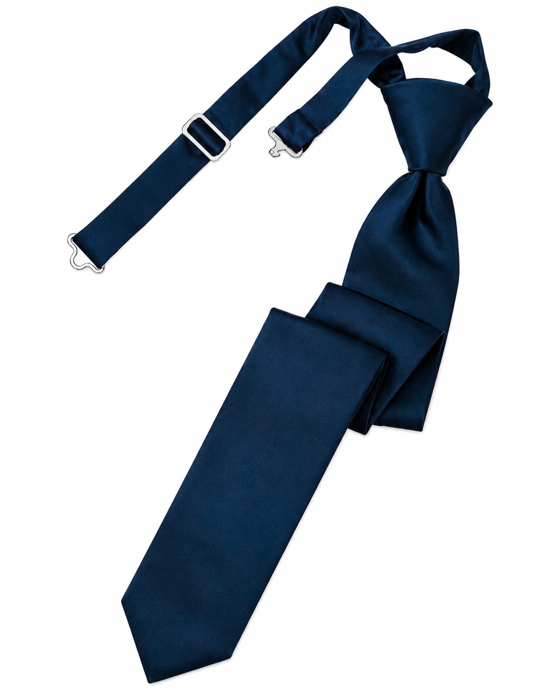 satin peacock skinny tie | National Tuxedo Rentals Navy blue necktie with an adjustable strap and metal hooks laid on a white background