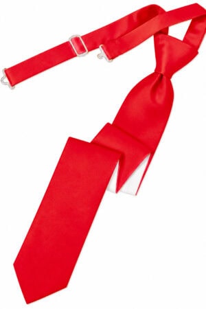 Red silk necktie with a matching adjustable strap laid out diagonally across a white background.