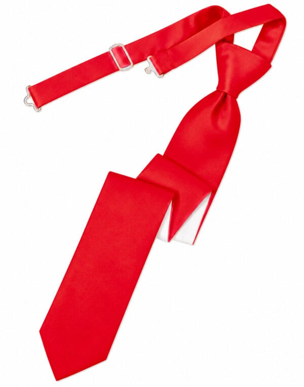 Red silk necktie with a matching adjustable strap laid out diagonally across a white background.