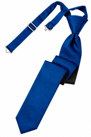 Blue silk necktie with a matching suspender strap and metal clips laid diagonally on a white background.