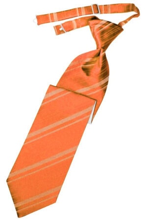 Orange striped necktie with diagonal light stripes and a knotted end, photographed diagonally laid out