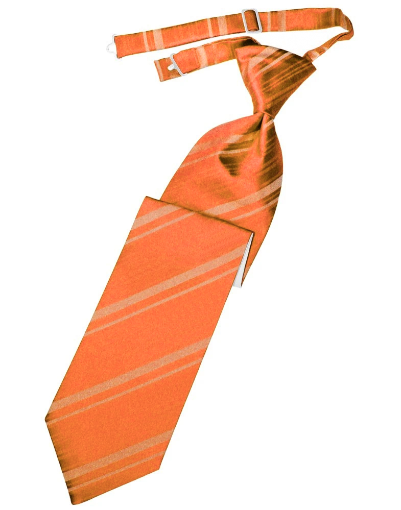 Orange striped necktie with diagonal light stripes and a knotted end, photographed diagonally laid out