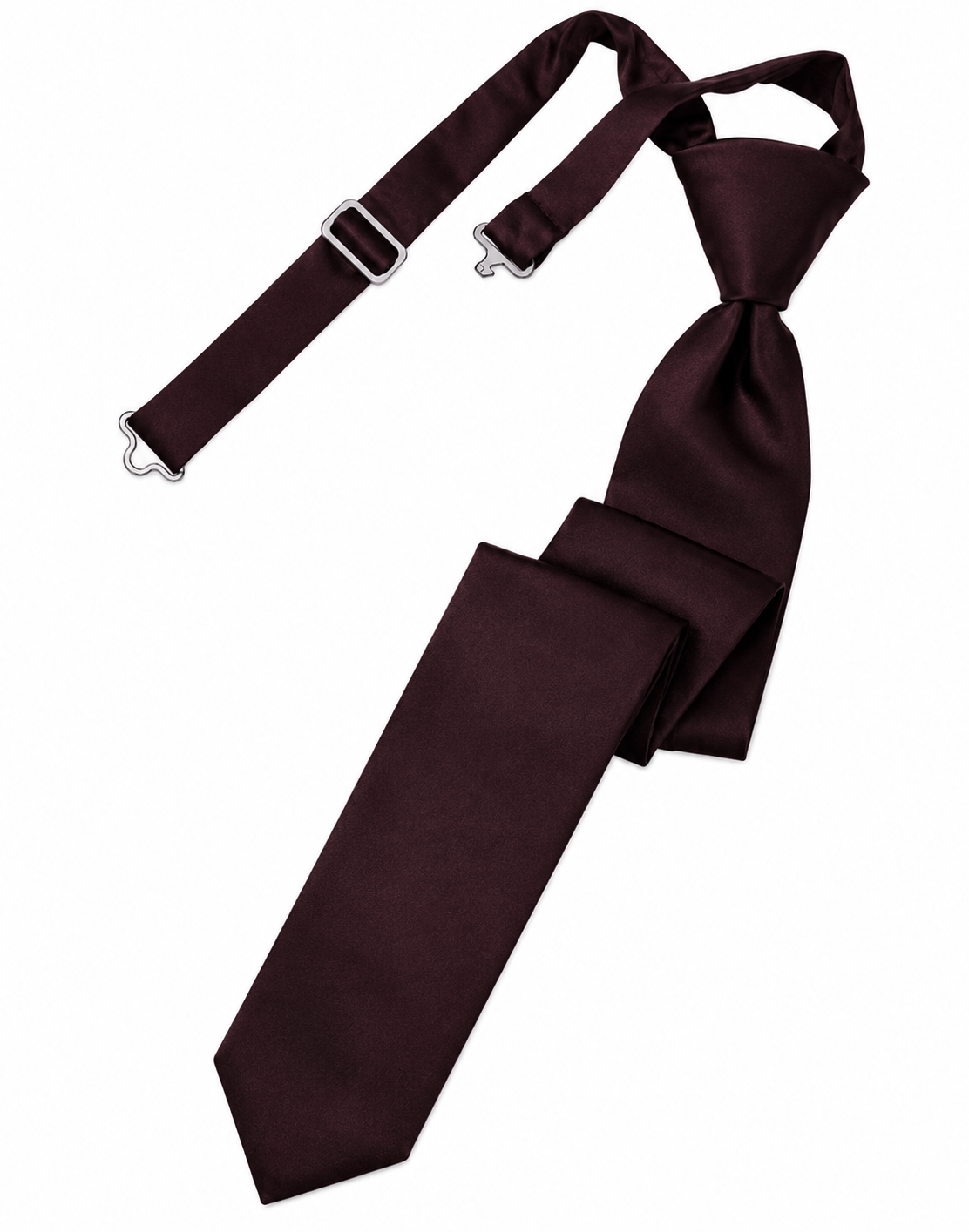 satin truffle skinny tie | National Tuxedo Rentals Burgundy necktie with matching suspenders laid out, showing metal clips and a tied knot