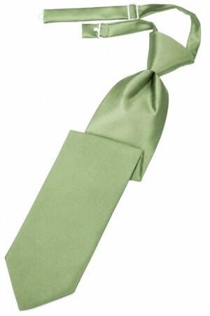 Green satin necktie laid diagonally with a knot near the top and a contrasting strap end showing daylight white hardware.