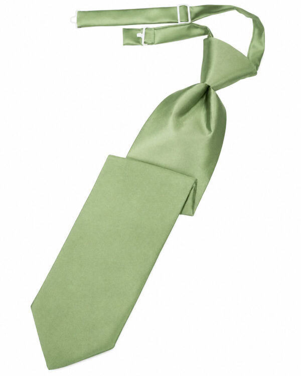 Green satin necktie laid diagonally with a knot near the top and a contrasting strap end showing daylight white hardware.