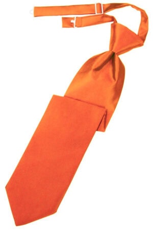 Orange necktie with a knot, laid diagonally on a white background.