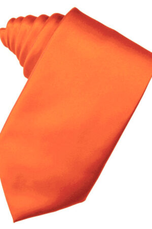 Bright orange necktie photographed at a diagonal angle, showing its smooth silk fabric and wide blade.