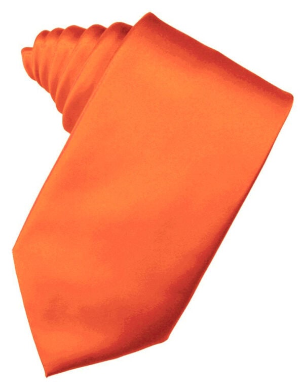 Bright orange necktie photographed at a diagonal angle, showing its smooth silk fabric and wide blade.