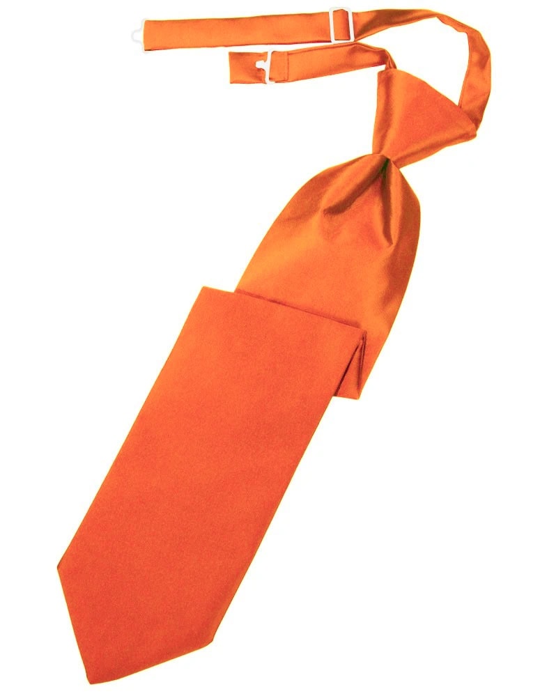 Orange necktie with a knot, laid diagonally on a white background.