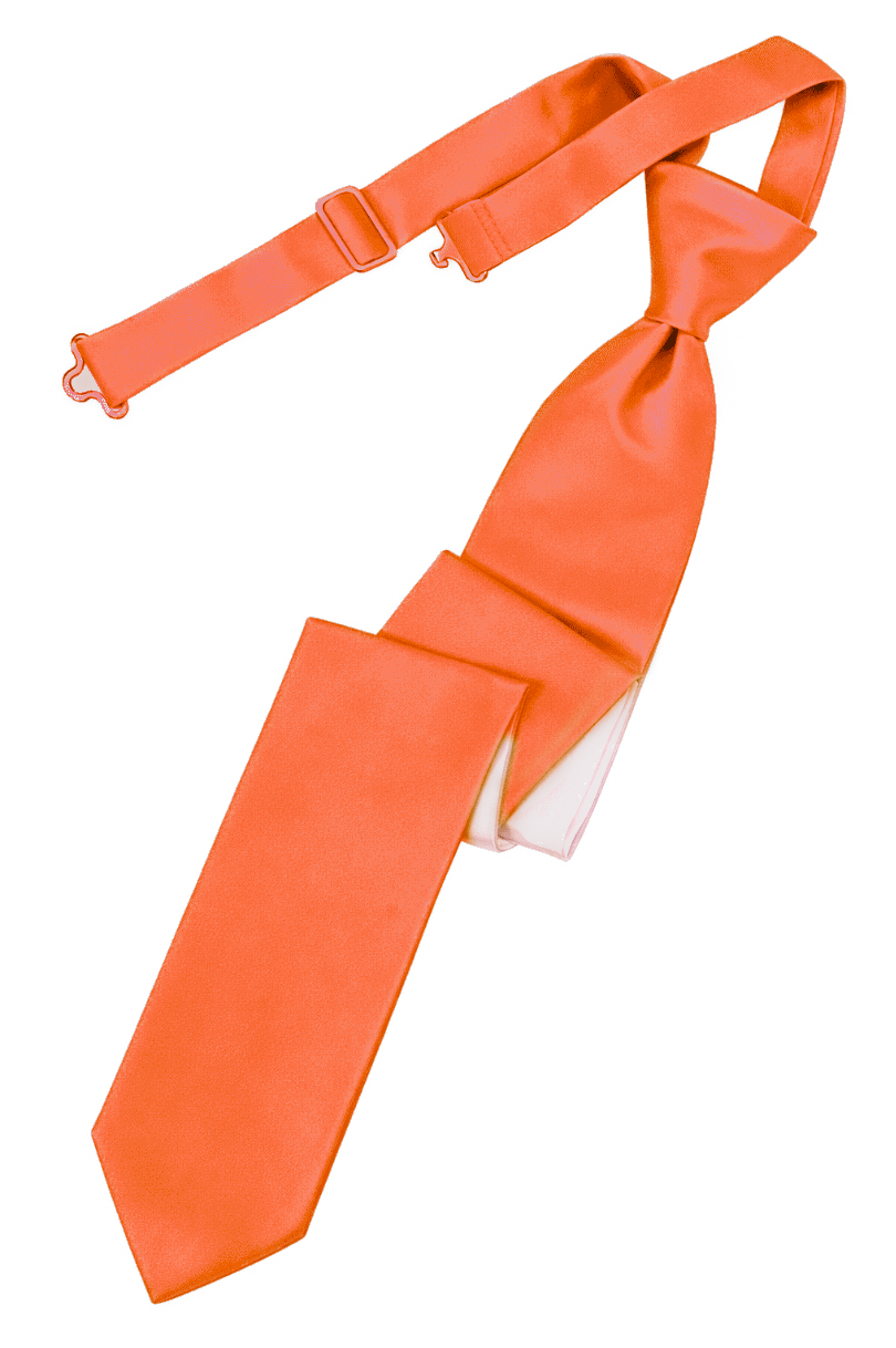 solid satin mandarin skinny tie | National Tuxedo Rentals Bright orange necktie with an adjustable strap and clip on a white background.