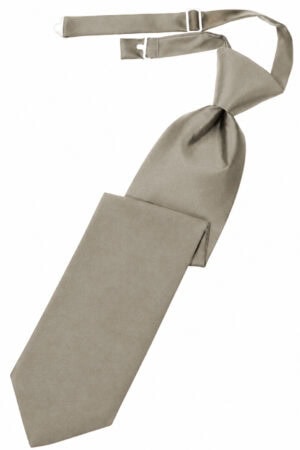 Beige satin necktie with a knotted front and an adjustable strap laid diagonally across a white background.