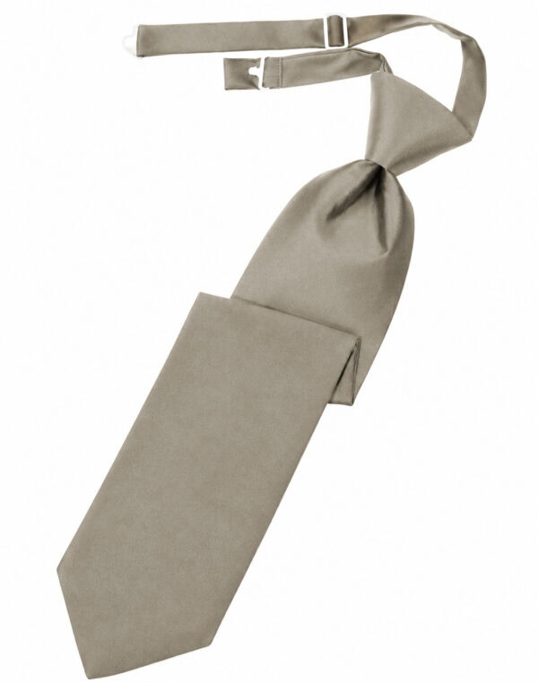 Beige satin necktie with a knotted front and an adjustable strap laid diagonally across a white background.