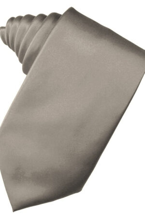 Gray silk necktie on a white background, angled diagonally to showcase the fabric and knot area absent.