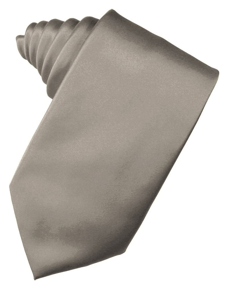 Gray silk necktie on a white background, angled diagonally to showcase the fabric and knot area absent.