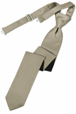 Beige necktie with a knot and adjustable strap, laid diagonally on a white background.