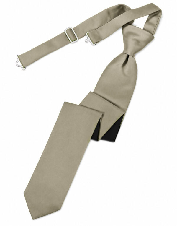 Beige necktie with a knot and adjustable strap, laid diagonally on a white background.